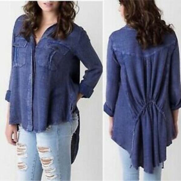 Free People Feel It Around Blue Button Down High Low Shirt Top Size XS - Picture 11 of 11